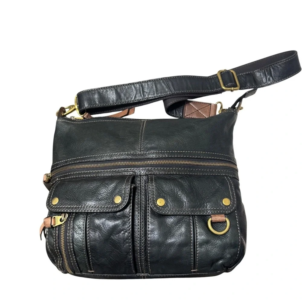 Fossil Morgan Traveler Messenger Bag Womens Medium Black Leather Crossbody